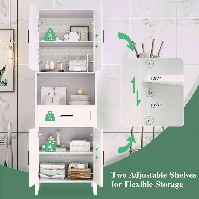 Freestanding Tall Cabinet with Drawer,2 Cabinets,4 Soft-Close Doors,and Adjustable Shelves for Versatile Storage