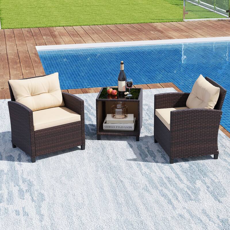 Gymax 3-Piece Patio Furniture Set PE Rattan Conversation Set w/ Glass