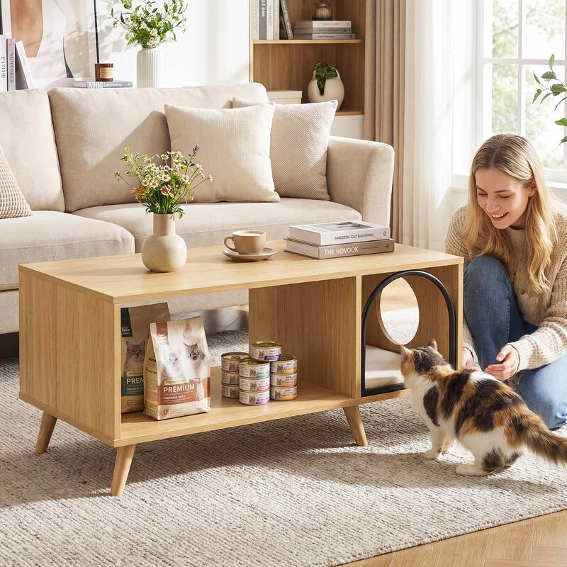 Gymax 40'' Coffee Table w/ Cat House 2-in-1 Farmhouse Cat Furniture