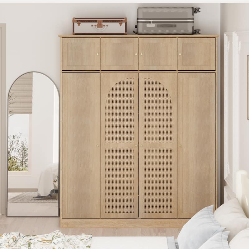70.87" 8-Door Large Capacity Armoire Wardrobe Closet with Hanging Rod, Adjustable Shelves and Rattan Decorative Doors