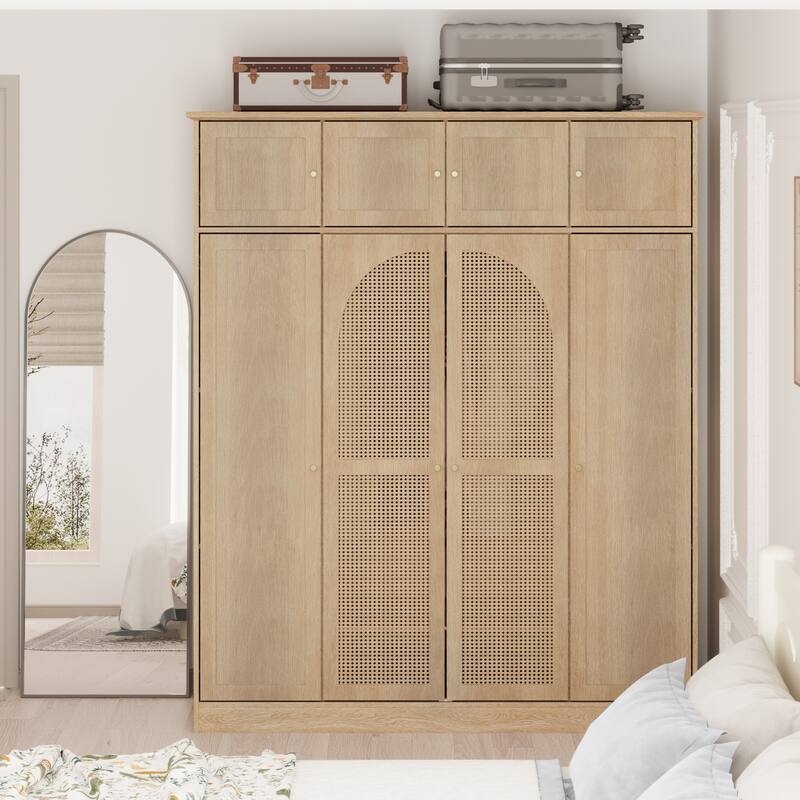 70.87" Large Armoire Wardrobe with 8 Rattan Doors - Adjustable Shelves & Hanging Rod for Bedroom, Walk-In Closet