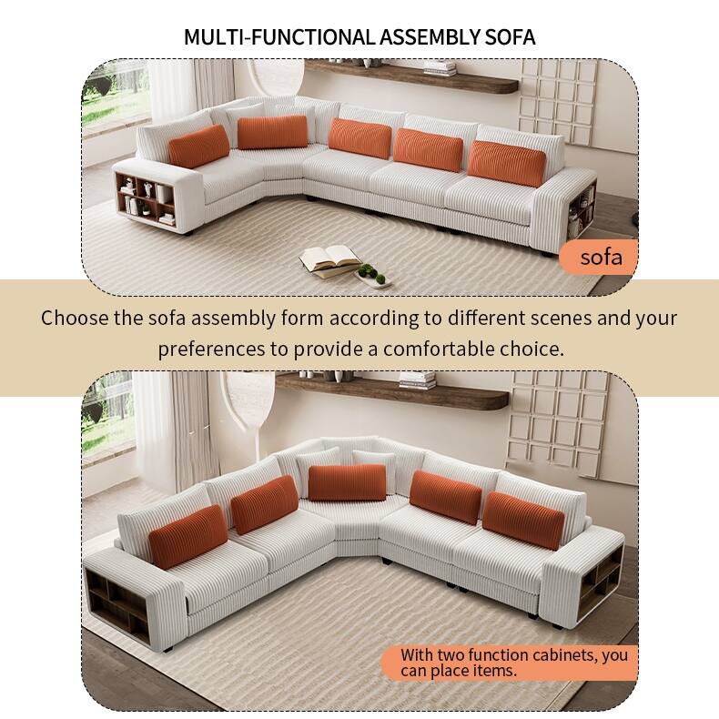 Beige 142'' L-Shaped 5-Seat Modular Sectional Sofa with Pillow, Wooden Armrests, and Storage Shelves for Versatile Spaces