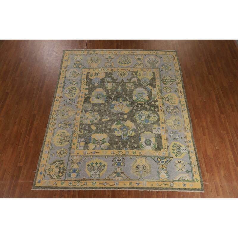 Hand Knotted Oriental 100% Wool Carpet Transitional All-Over Green Oushak Area Rug - 10' 4'' X 8' 7''