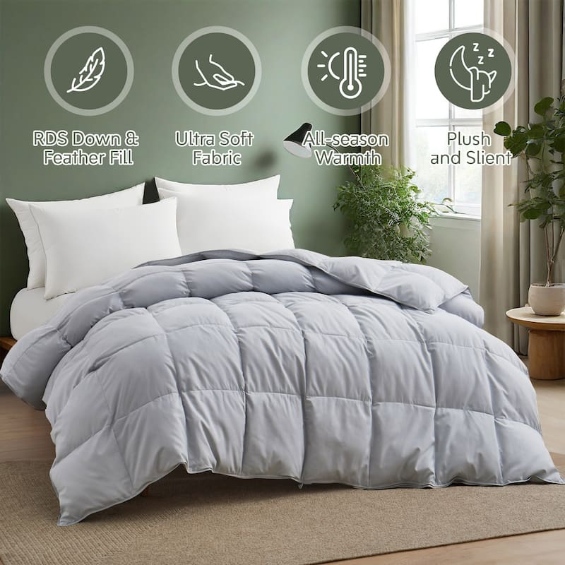 Premium White Feather Down Comforter Duvet Insert All Warmth Levels - King - Medium Weight Light Gray