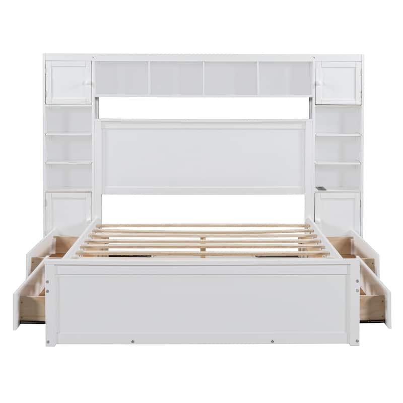 Queen Size Wooden Bed With All-in-One Cabinet