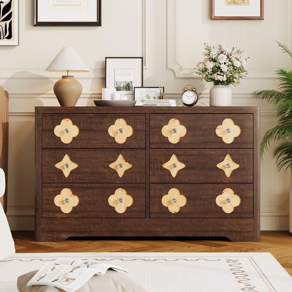 brown boho dresser 6 Drawer for Bedroom, 47.2'' Wide Dresser, Chest of Drawers, Wooden Chest with Clothes Storage Cabinet - Bed Bath & Beyond Color:Bright Pink organic look ALLYCATEGORY:SKATER DRESS Cut Out Puff Sleeve