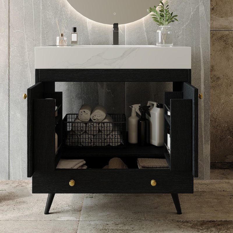 Contemporary 30" Freestanding Bathroom Vanity with Faux Marble Top & Ceramic Sink, Double Door Cabinet