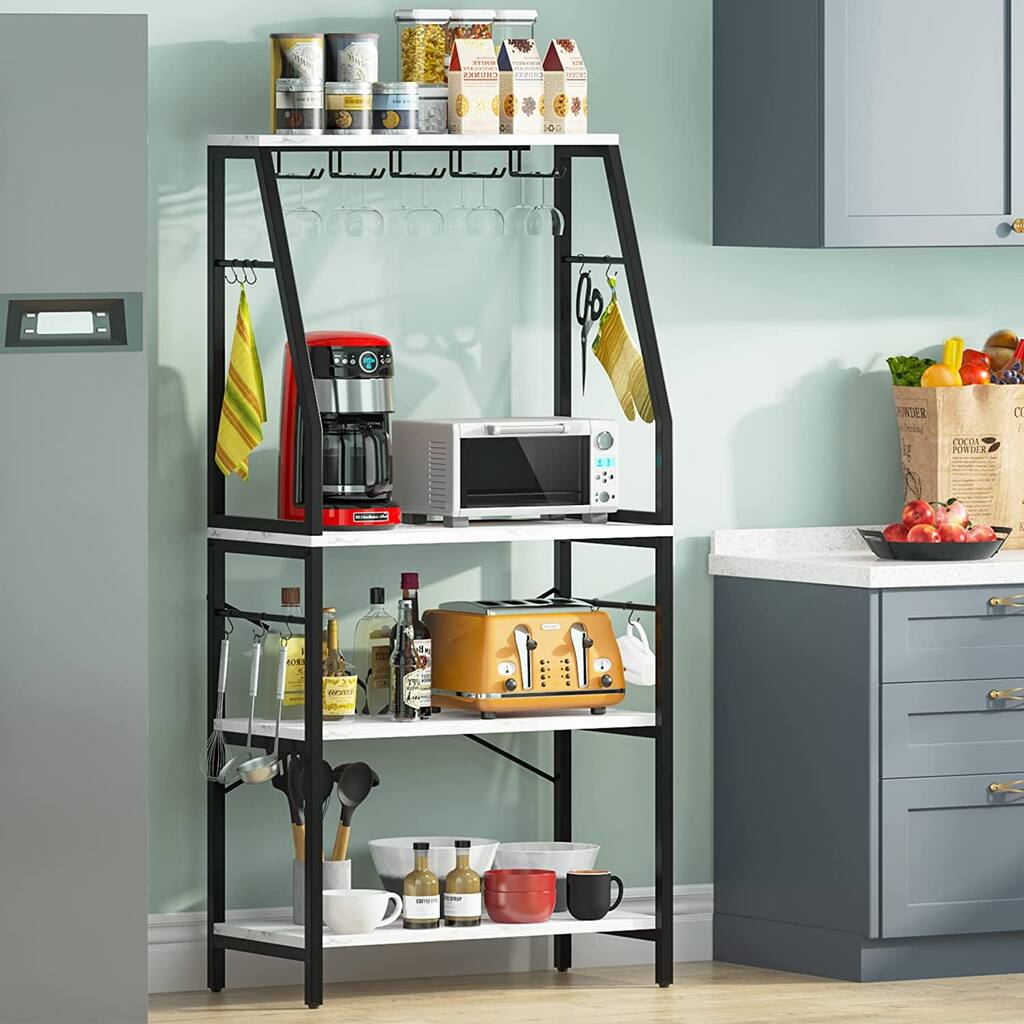 4-Tier Bakers Rack Industrial Coffee Bar Kitchen Shelf, 15 Hooks