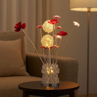 Accent Table Lamp, LED, Red Roses, Crystal Square Vase, Chrome 21 Inch