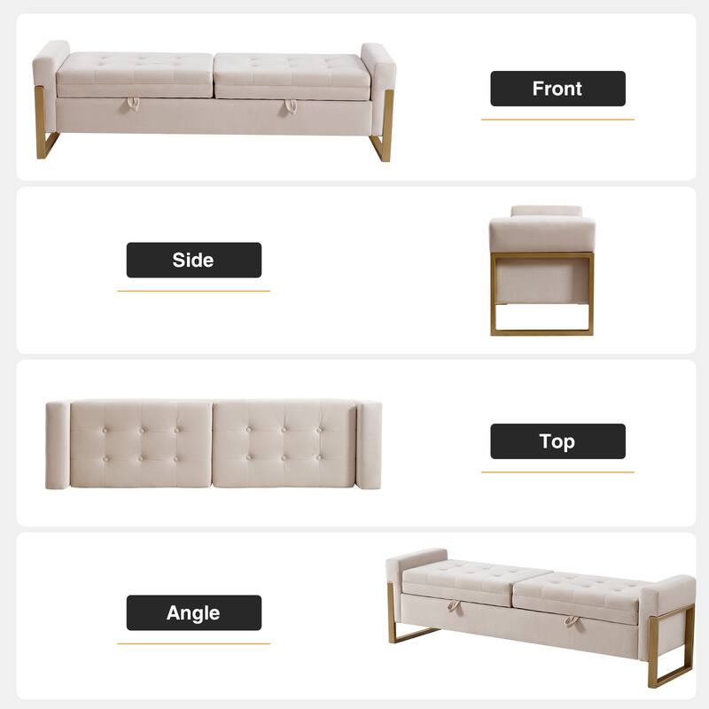 66" Storage Bench King Size End of Bed with Double Lids and Gold Legs
