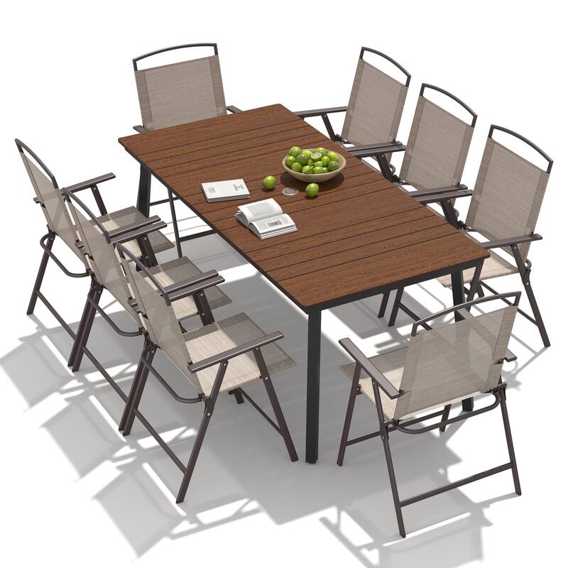 9-Piece Outdoor Dining Set Patio Dining Table with Umbrella Hole and Folding Chairs