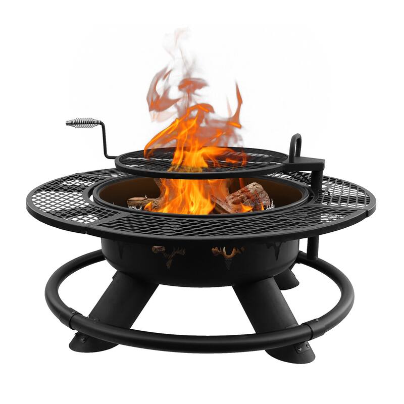 47" Wood Burning Fire Pit Outdoor Patio Fire Pit with Cooking Grill Grate - Black - Wood