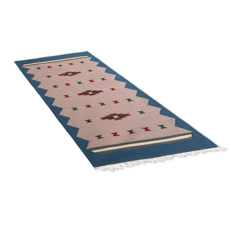 Handmade Azure Melody Wool dhurrie rug (India) - Big