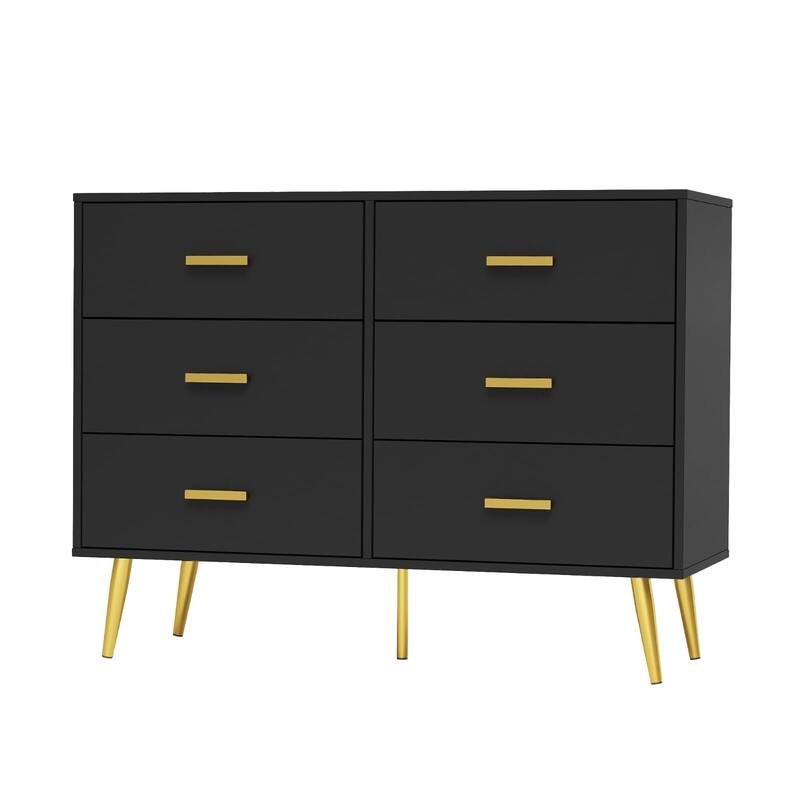 Modern 6 Drawer Dresser in White and Black, Featuring Gold Handles, Wide Wooden Drawers for Bedroom