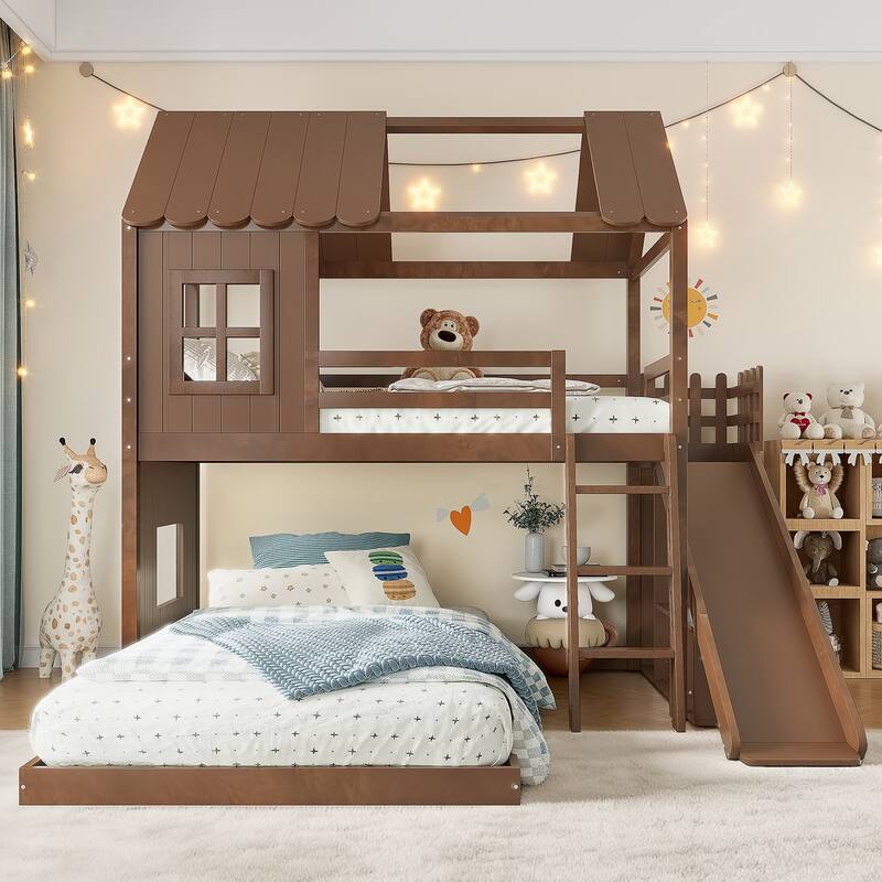 Twin over Full House Bunk Bed with Ladders and Slides, House Floor Bunk Bed with Storage Shelves and Wardrobe
