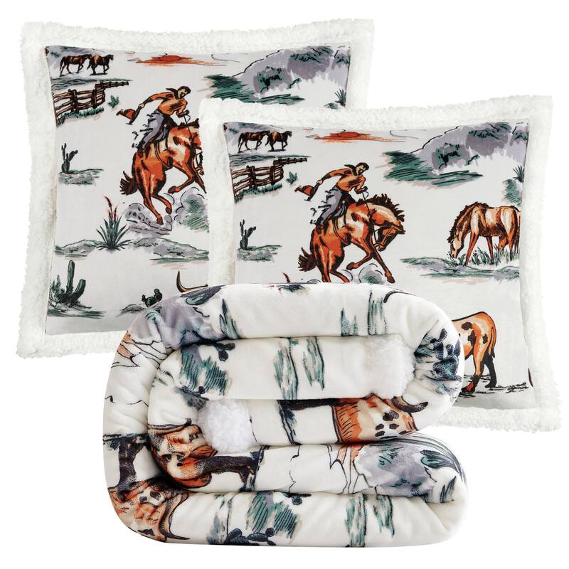 Indigo Hill by HiEnd Accents Campfire Sherpa Fleece Throw, 1PC or 3PC - 3-Piece - Ranch Life - Duffle Bag
