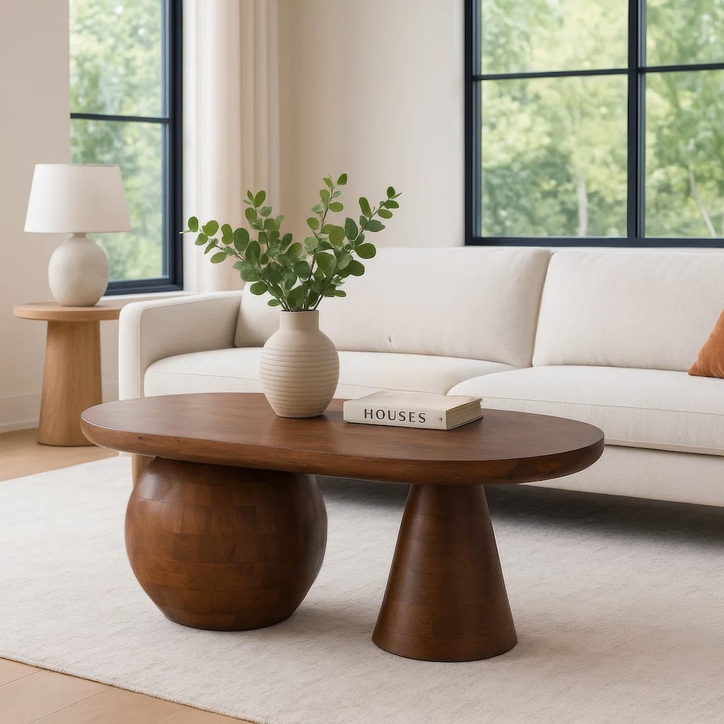 Leeds Coffee Table, 38" Handmade Walnut Brown Mango Wood Oval Top, Round Ball and Cone Base