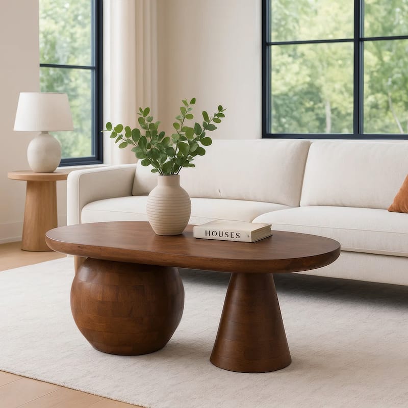 Leeds Coffee Table 38" Handmade Walnut Brown Mango Wood Oval Top Round Ball and Cone Base