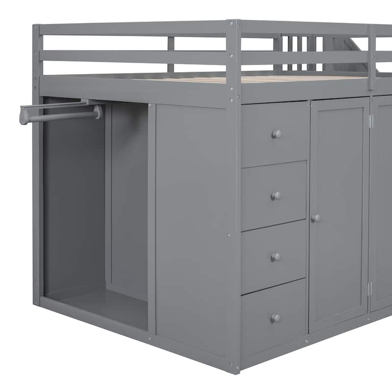Full Loft Bed w/ Storage Staircase, 4 Drawers, Cabinet, Two Wardrobes