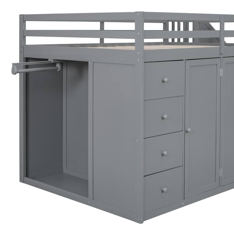 Full Size Gray Wood Loft Bed with Built-in Wardrobes, Cabinets, and Drawers