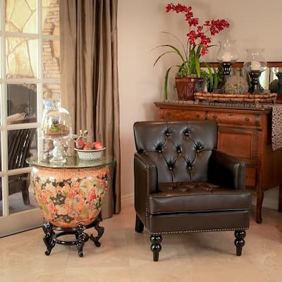 Roomfitters Tufted Faux Leather Accent Chair, Classic Armchair with Nailhead Trim and Turned Wood Legs, Dark Brown