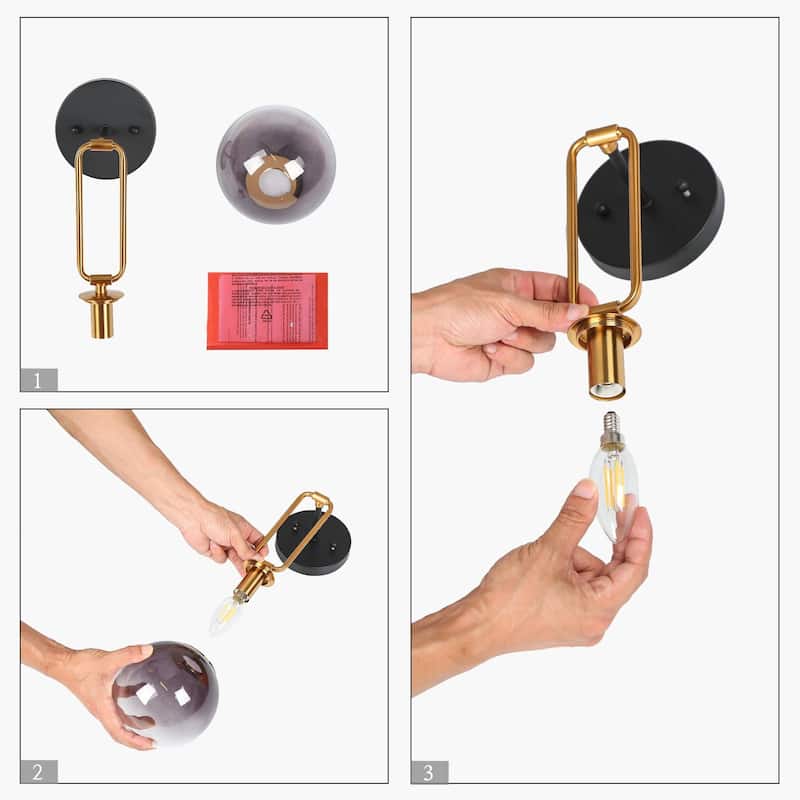 Mid-Century Modern Wall Globe Sconces Handmade Bathroom Vanity Lights with Art Orb Glass - L 5.5" x W 7.1" x H 14.5"