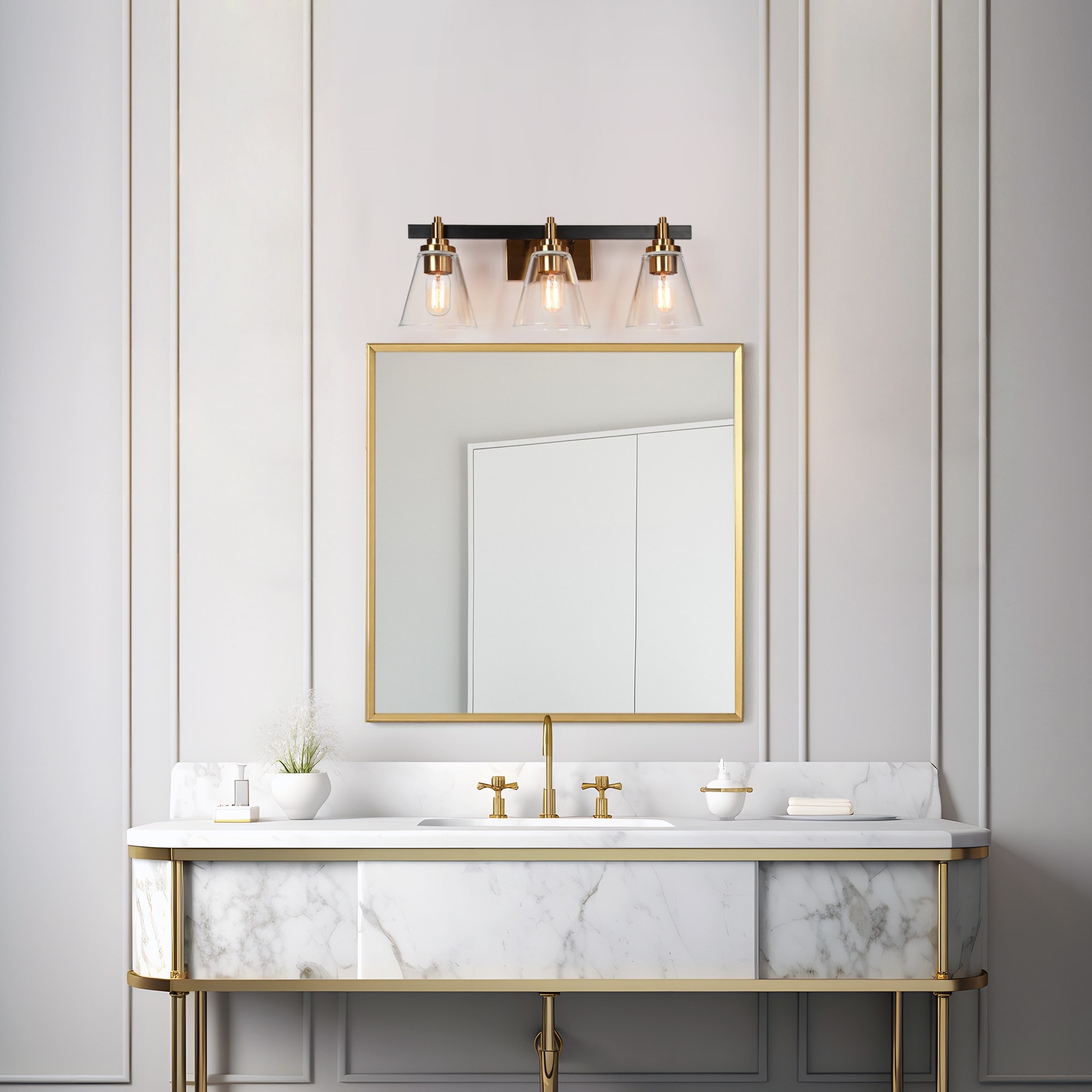 Modern 3-Light Black Gold Bathroom Vanity Light Cone Shaped