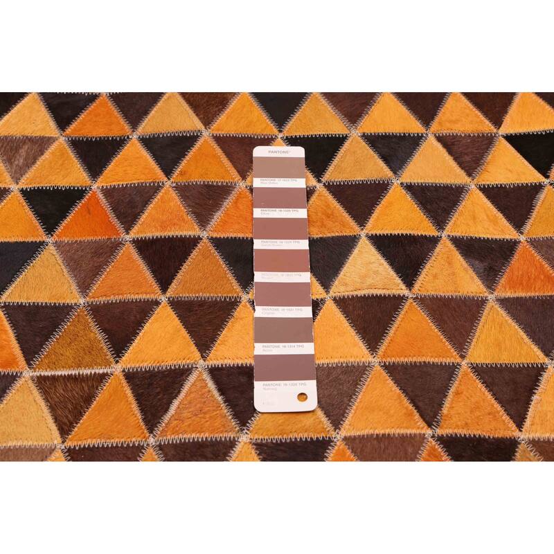 ECARPETGALLERY Handmade Cowhide Patchwork Orange Leather Rug - 5'11 x 5'11