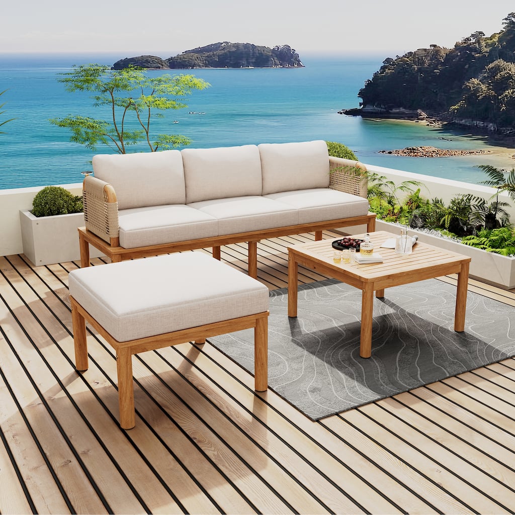 Roomfitters 3-Piece Outdoor Patio Sofa Set with Acacia Wood and Rope Accents, Cushioned Seating and Coffee Table, Beige