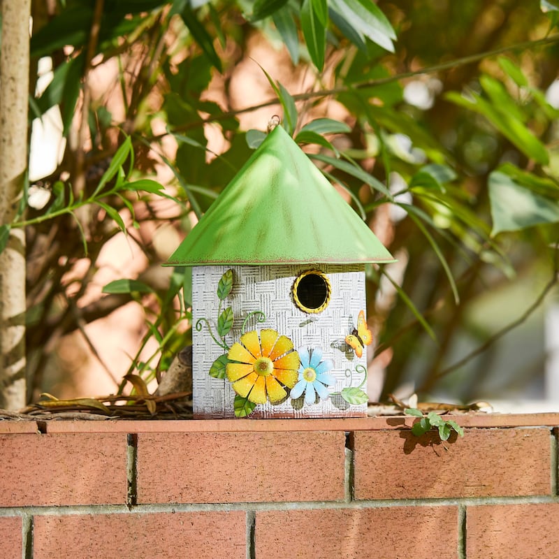 Glitzhome 11"H Spring Distressed Metal Cottage Birdhouse with 3D Flowers