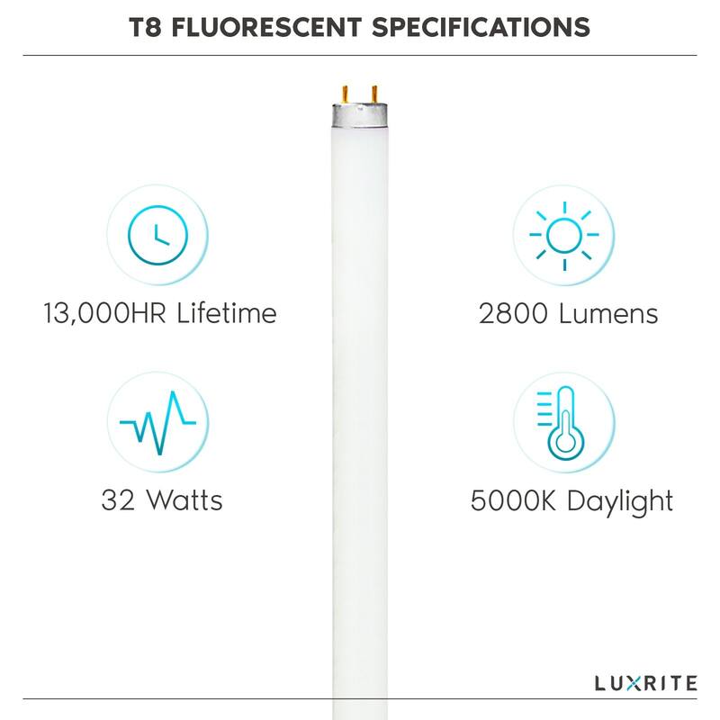 Luxrite F32T8/850 32W 48 Inch T8 Fluorescent Tube Light Bulb, 5000K Bright White, 2800 Lumens, G13 Medium Bi-Pin...