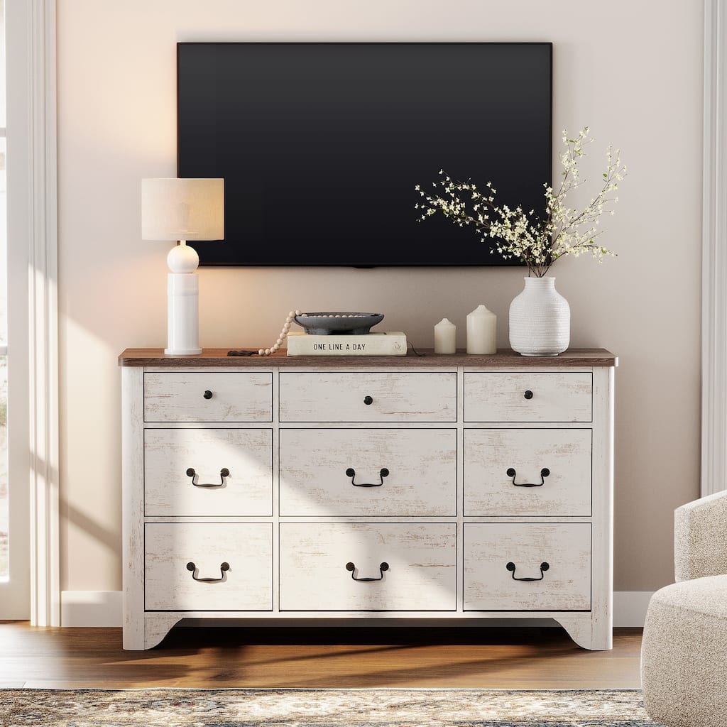 WAMPAT 53.5'' Wide Farmhouse White Dresser TV Stand with Curved Edge Design and Wide Chests of Drawers