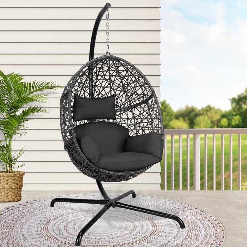 Oversized Outdoor Egg Chair with Stand, 450lbs Capacity Wicker Hanging Swing Chair, Extra Large Patio Lounge Chair with Cushions