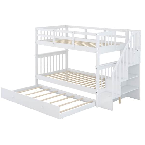 slide 2 of 16, Functional Design Wood Bunk Bed with Trundle, Storage Staircases and Guardrails for Safety Guaranteed, White White