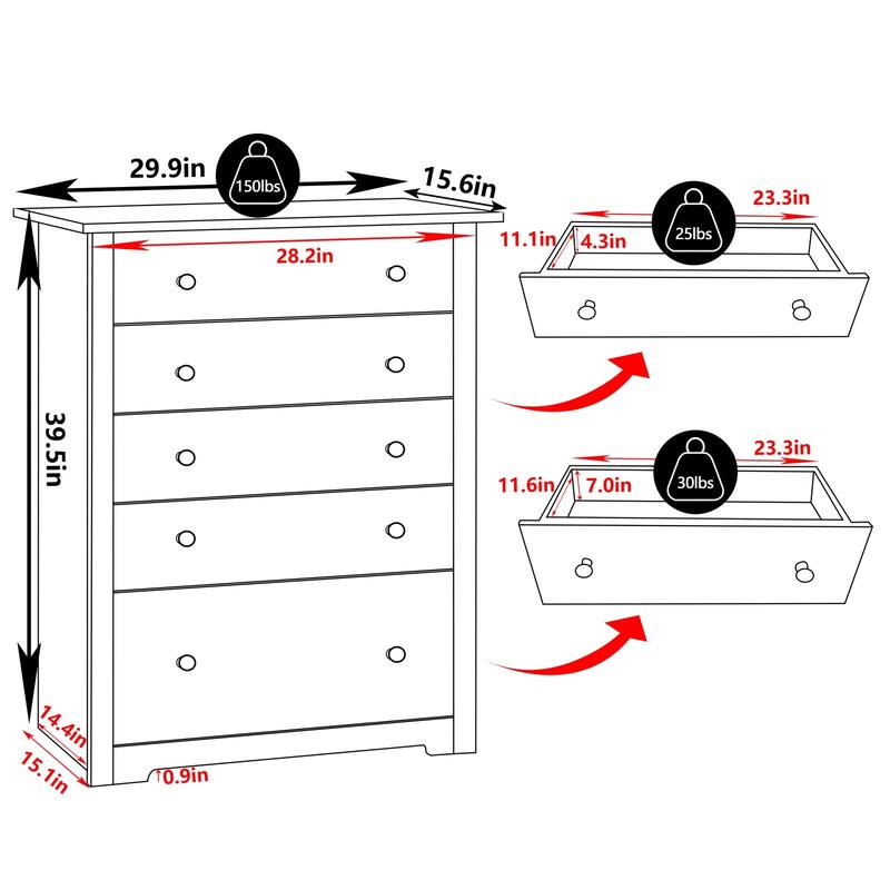 VEIKOUS 5-Drawer Chest of Drawers Bedroom Dresser with Large Drawer
