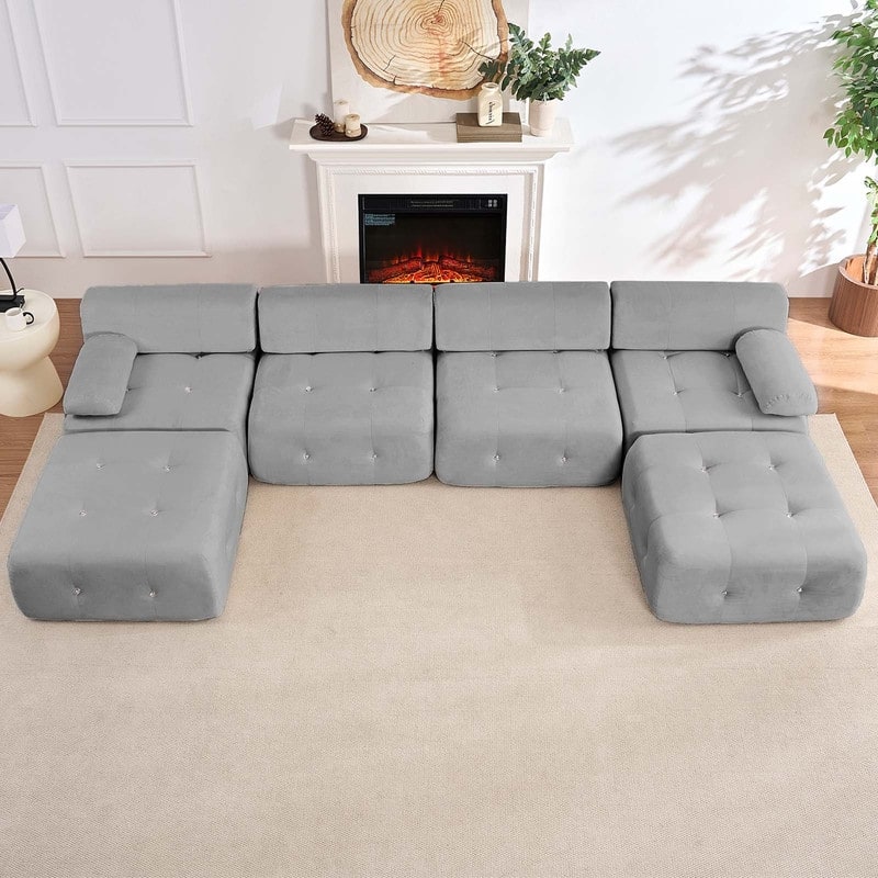 Mixoy Modular 134inch Modular Sectional Sofa with 2 Ottoman,Velvet U-Shaped Couch for Living Room - 133.9"w x 66.9"D x 24.8"H