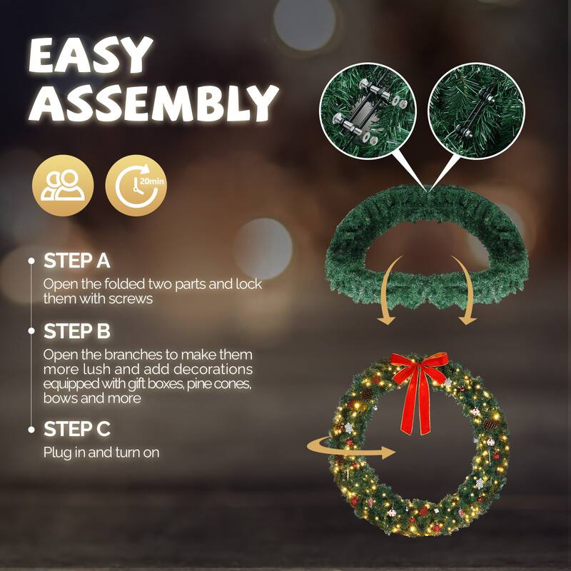 48 Inch Christmas Garland with 150 LED Lights and 450 PVC Branches for Indoor and Outdoor Holiday Decoration - 48"