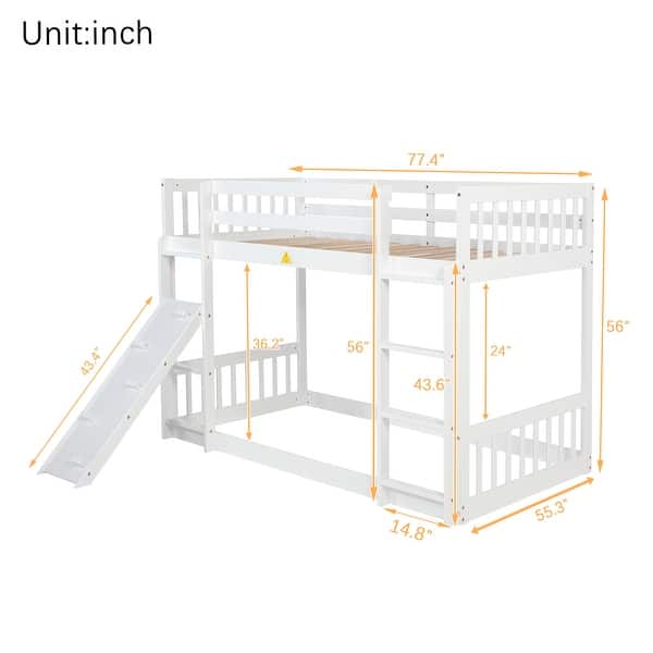 dimension image slide 1 of 2, Playhouse Twin over Twin Floor Bunk Bed with Fun Design of Climbing Ramp and Ladder, Safety Guardrails