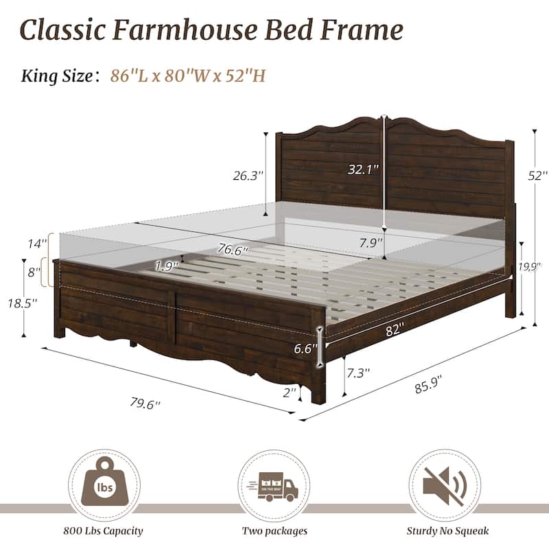 Modern Bed Solid Wood Platform Bed Frame Queen/King Size Bed with Headboard and Wood Slat Support for Bedroom