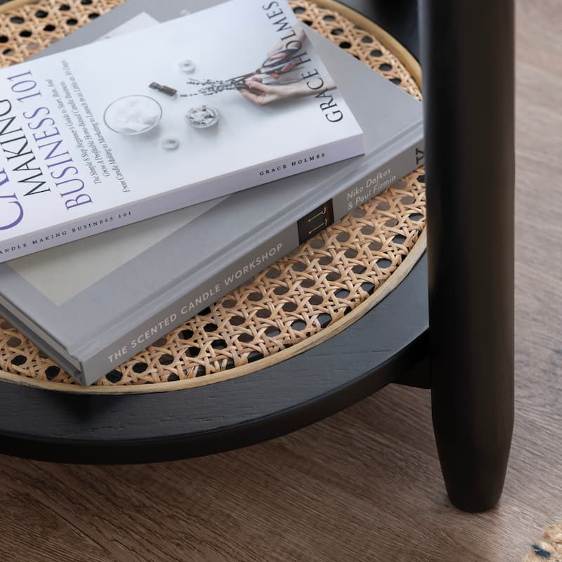 Round Mindi Wood and Rattan Black Accent Table