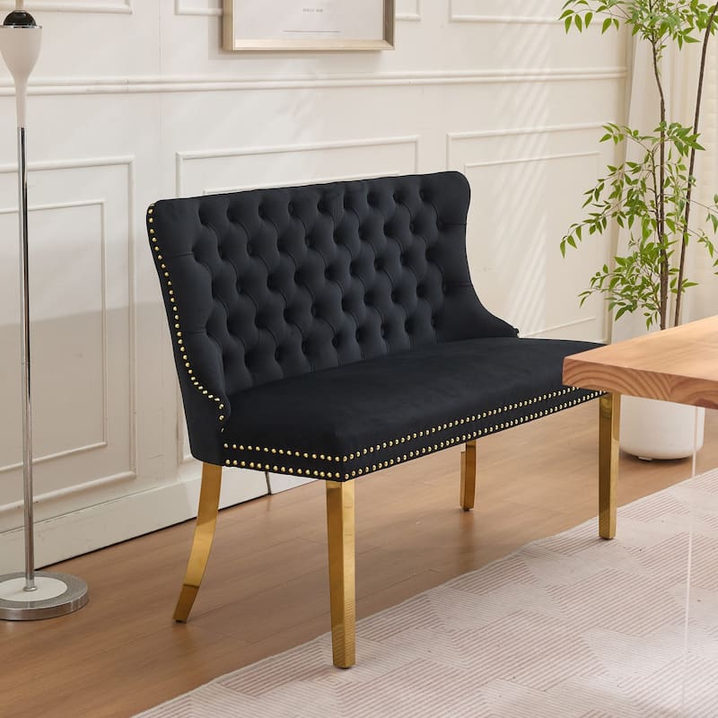 Velvet Double Dining Loveseat Bench, 2-Seat Tufted Bench w/Handmade Buttons, Wing Back, Gold-Plated Steel Legs, Single Pack - Black+Glod