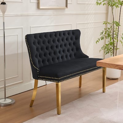 Velvet Double Dining Loveseat Bench, 2-Seat Tufted Bench w/Handmade Buttons, Wing Back, Gold-Plated Steel Legs, Single Pack