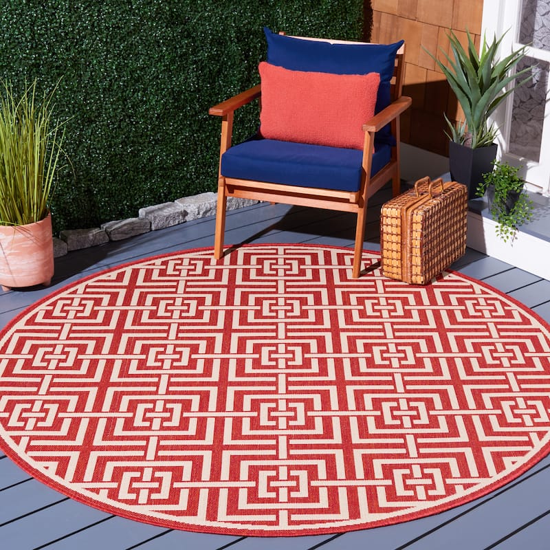 SAFAVIEH Beach House Eliverta Indoor/ Outdoor Waterproof Patio Backyard Rug - 6'7" Round - Red/Creme