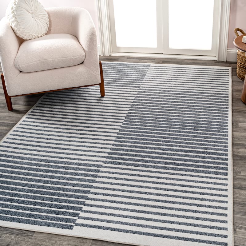 JONATHAN Y Slinger Minimalist Striped Plaid Machine-Washable Dark Gray/Cream Area Rug