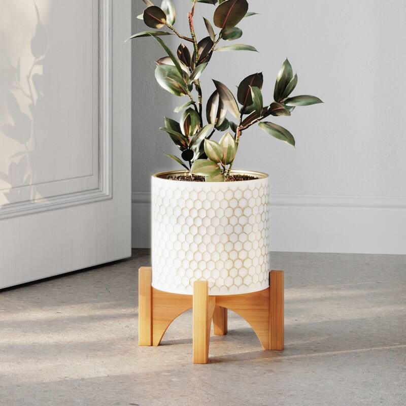 Honeycomb Mid-Century Modern Indoor Metal Pot Planter with Arch Wood Base - 12.25" H  x 9.75" W - Multi