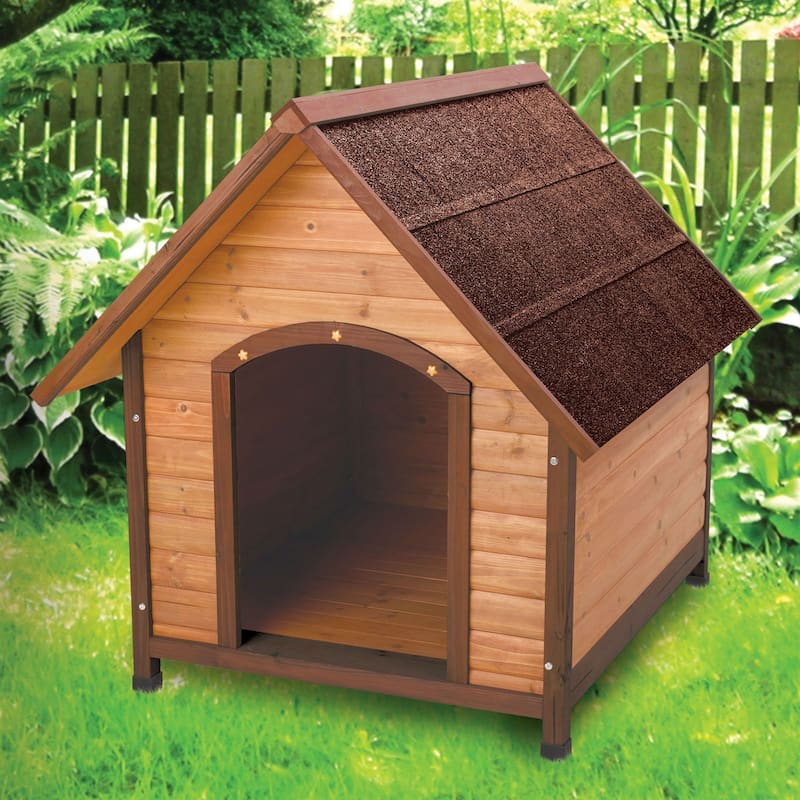 Medium 30-inch Solid Wood Dog House with Waterproof Shingle Roof - Brown