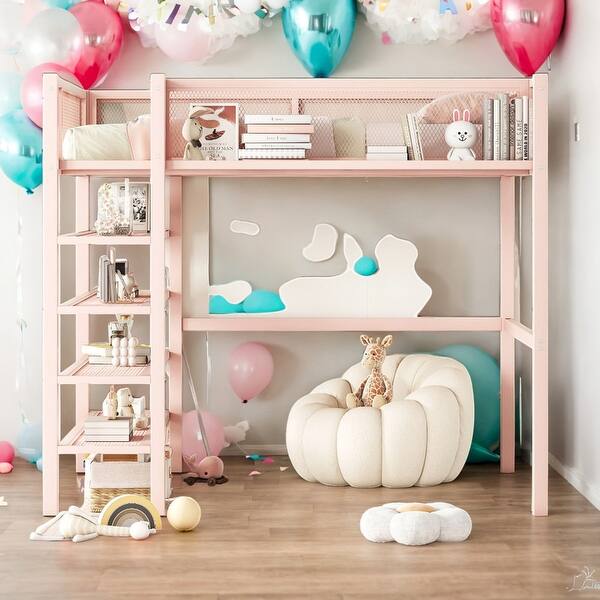 slide 2 of 11, Modern Full Size Loft Bed with 4-Tier Shelves and Storage and 4-step Ladder for Bedroom Pink