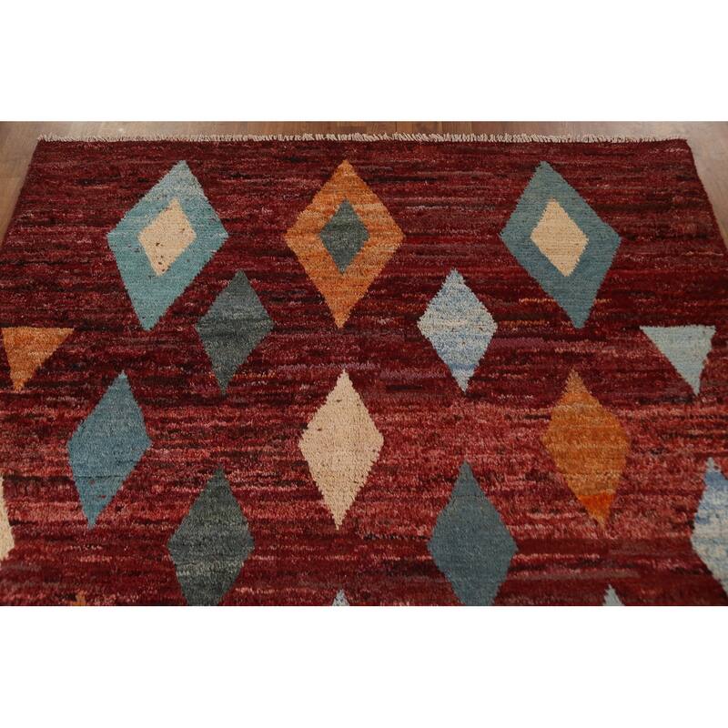 Hand Knotted Oriental 100% Wool Carpet Modern Tribal Red Moroccan Area Rug - 7' 7'' X 5' 9''