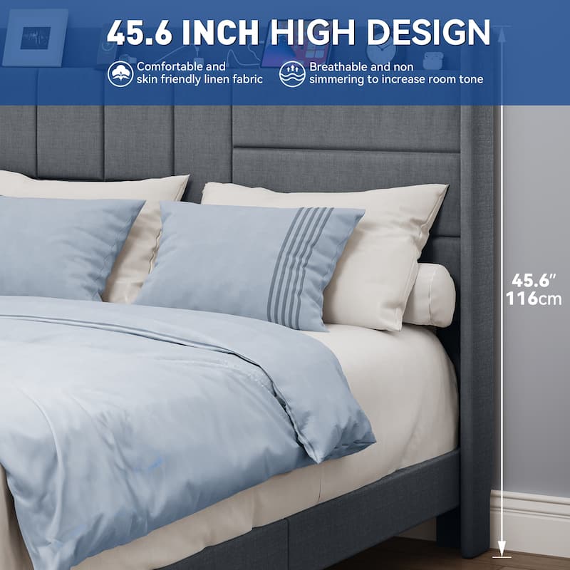 Moasis Queen Size Linen Bed Frame with Shelving Headboard