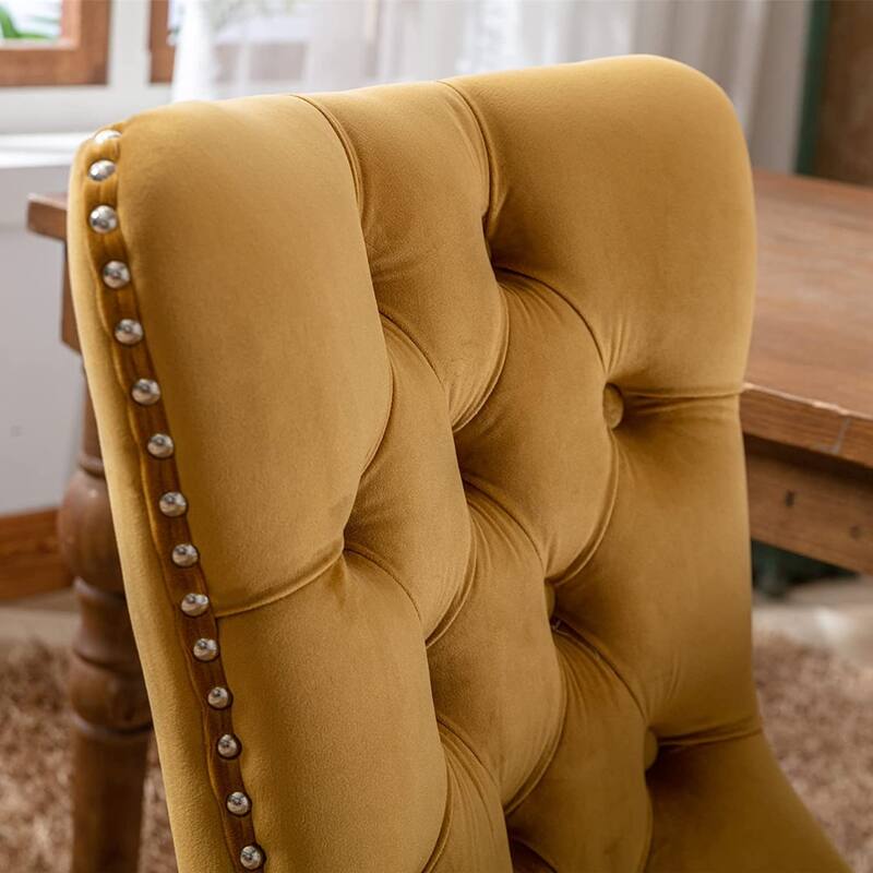 Set of 2 Velvet Dining Chairs – Tufted Upholstered Armless Accent Chairs with Nailhead Trim & Back Ring Pull